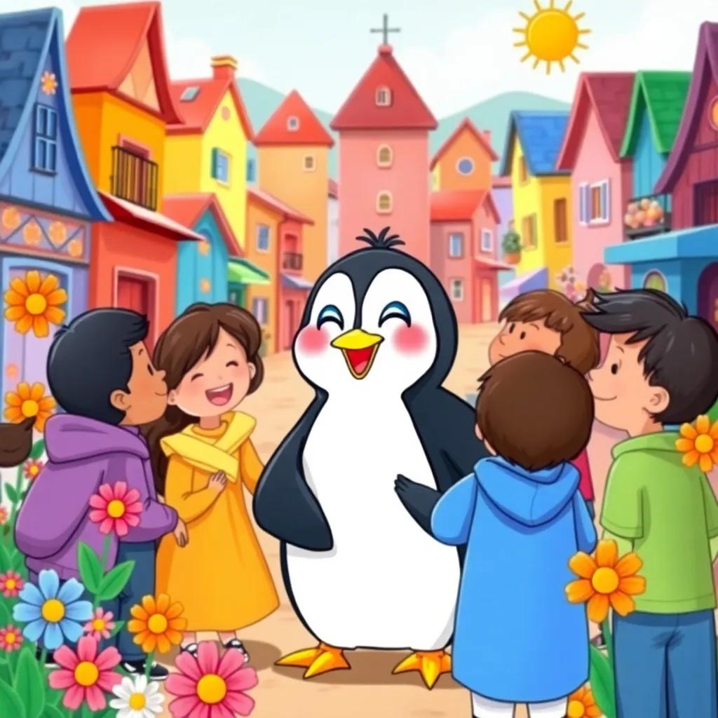 A cheerful penguin, Toto, thanking friendly kids in a colorful town, happiness radiating, vibrant flowers all around, joyful illustration, bright colors, heartwarming scene, high quality