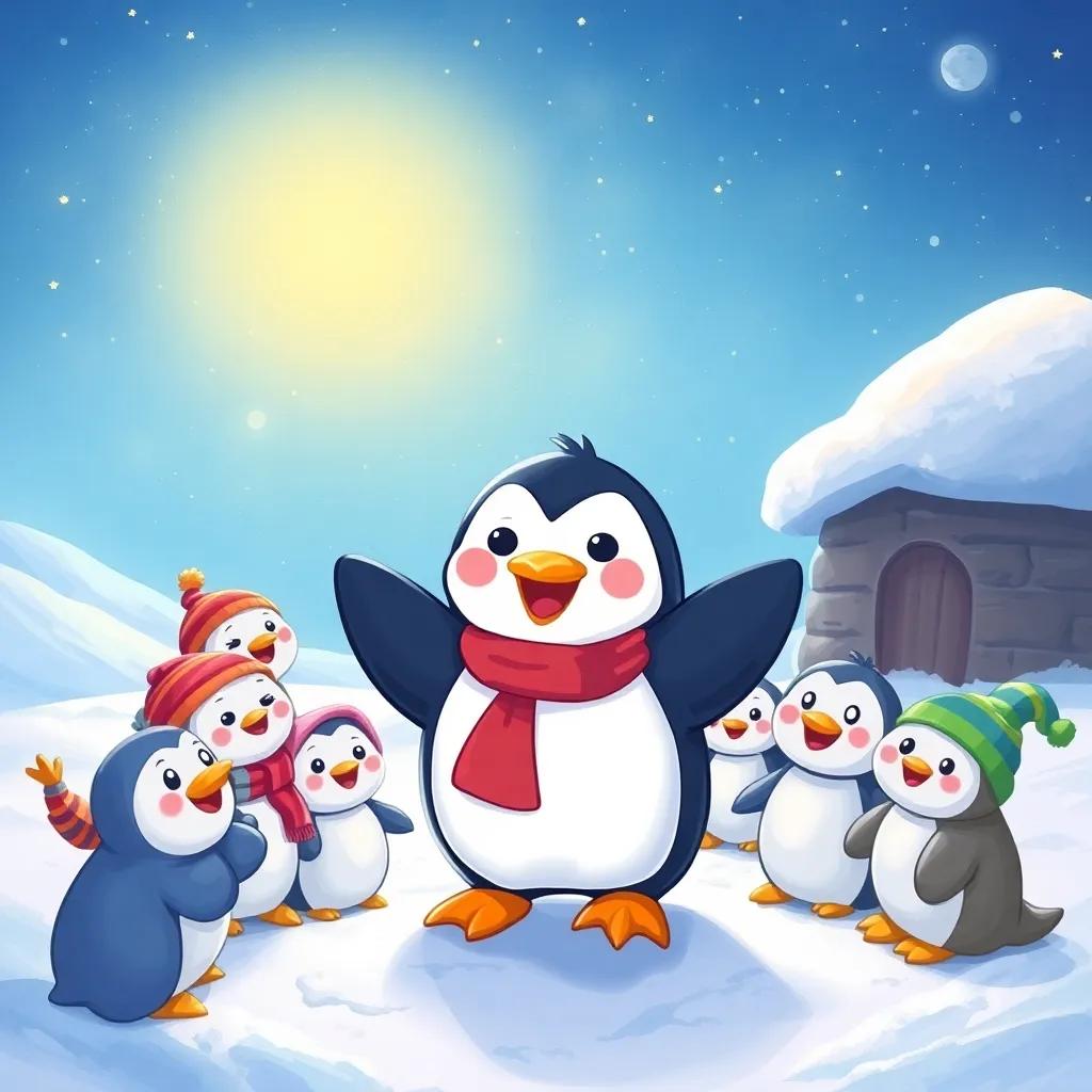 A happy penguin, Toto, returning to his snowy home, surrounded by smiling friends waiting for him, under a bright starry sky, digital art, lively colors, heartwarming reunion, high quality