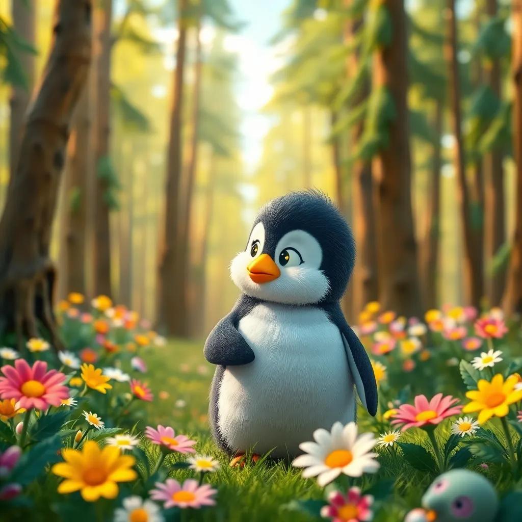 A small penguin with fluffy feathers, looking confused in a colorful forest surrounded by tall trees and bright flowers, cheerful atmosphere, digital art, high quality