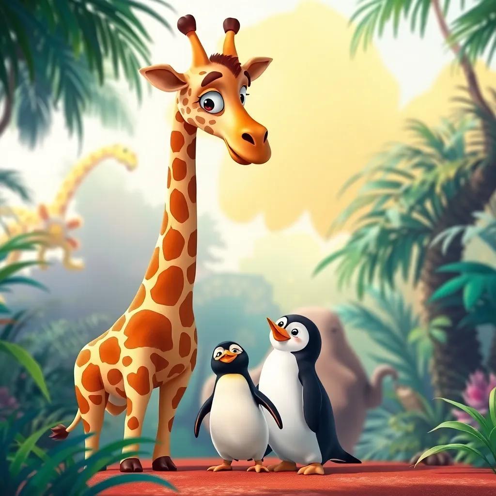A tall giraffe with spotted fur, looking curiously at a small penguin, standing in a vibrant jungle, playful and friendly interaction, illustration, bright and warm colors, engaging