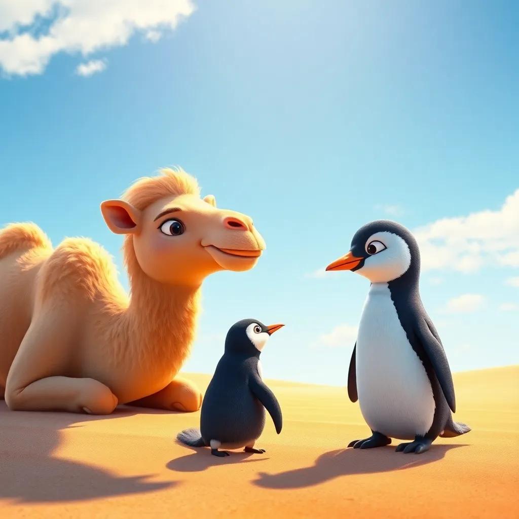 A friendly camel with soft fur, observing a small penguin in a sandy desert under a clear blue sky, warm sunlight, vibrant background, cheerful and inviting, high quality