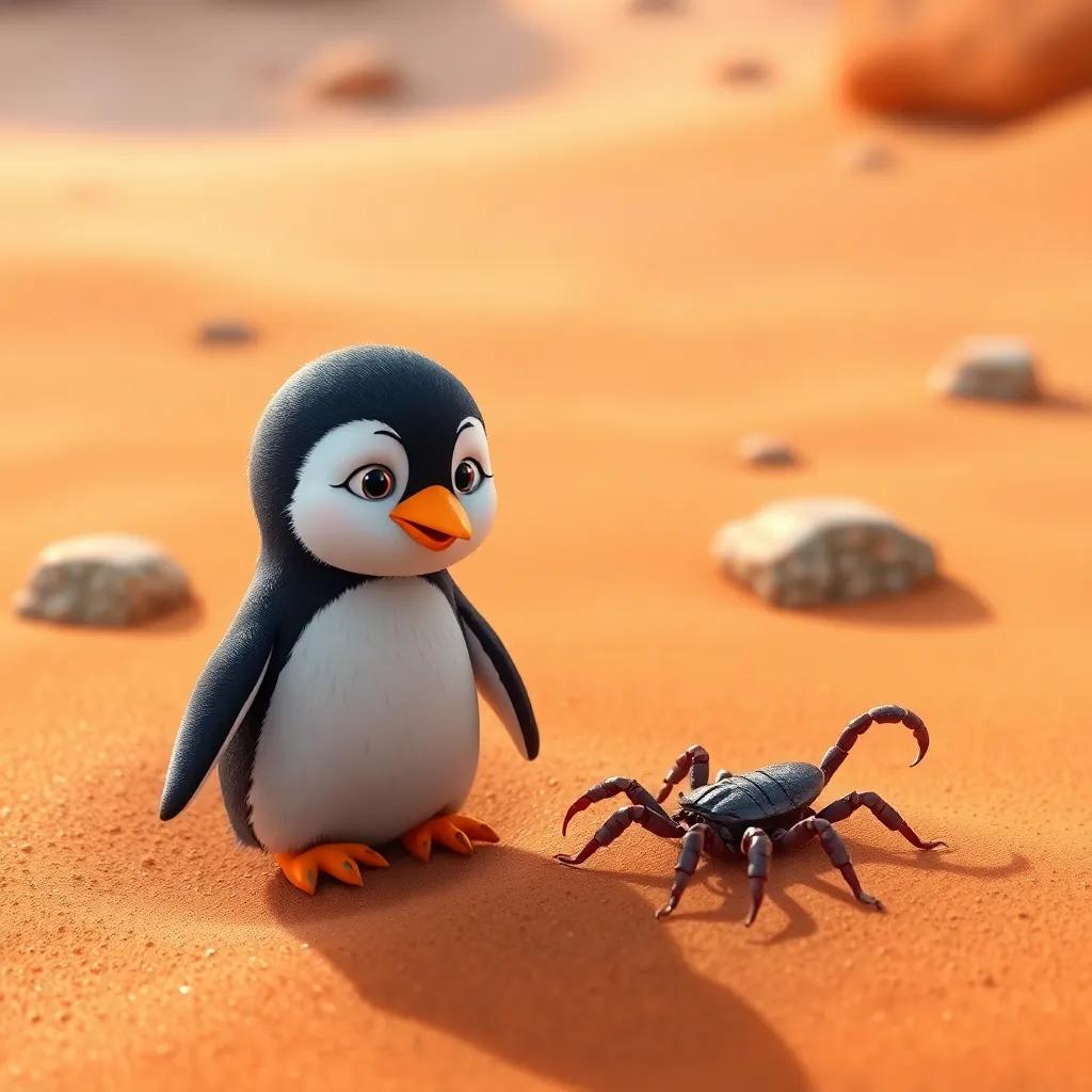 A little penguin looking frightened at a small scorpion in the desert sand, with a worried expression, bright desert colors, playful and adventurous scene, high detail