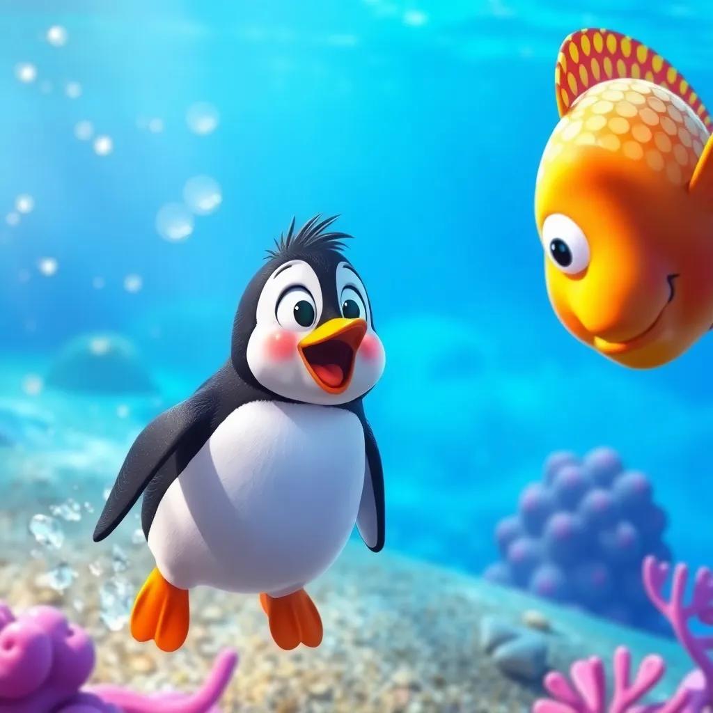 A colorful sea scene with a surprised penguin swimming near a fish with bright scales, shimmering water, inviting atmosphere, cheerful and playful, vibrant colors