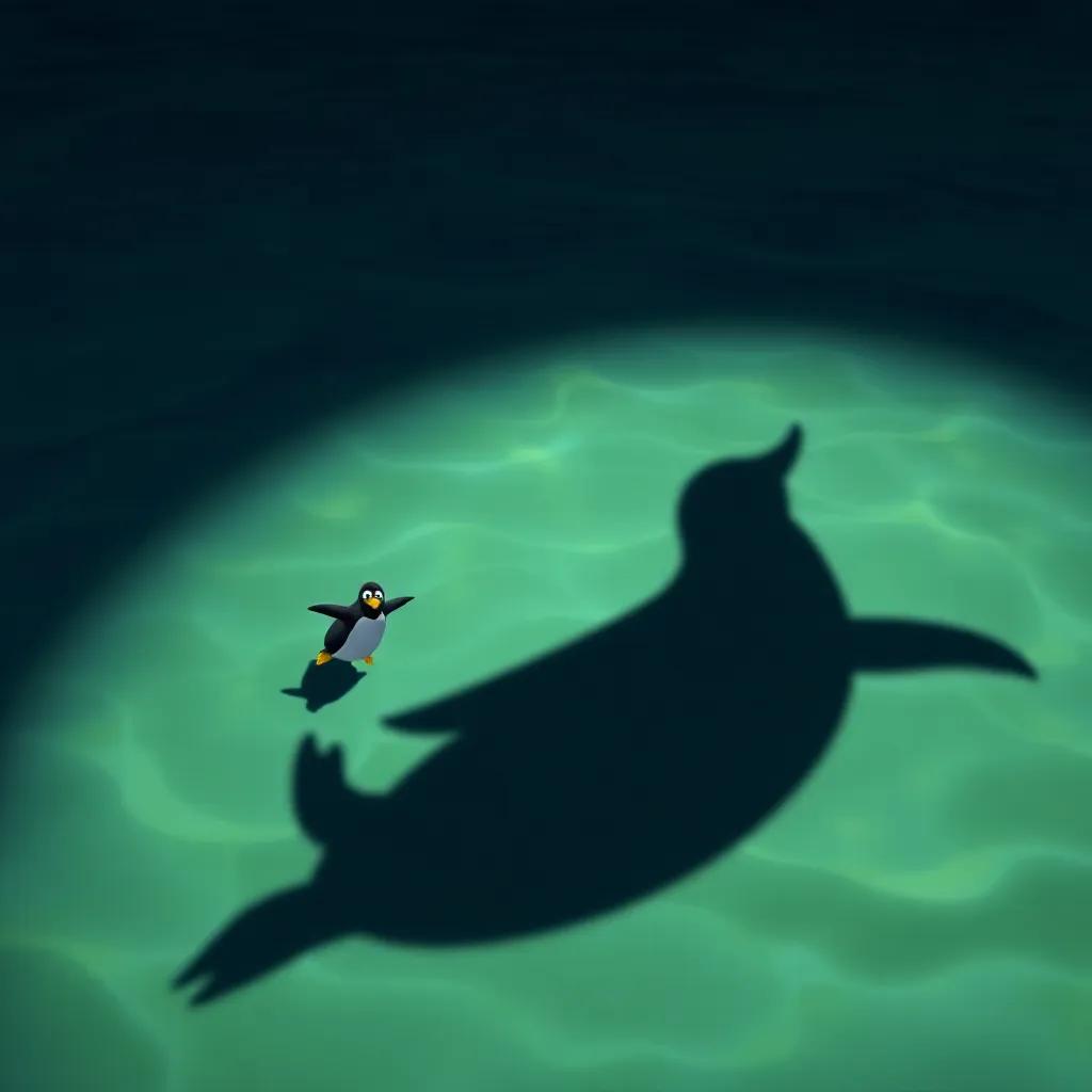 A big shadow in the water, showing a mysterious creature with a fin, a frightened penguin swimming away quickly, dramatic ocean colors, engaging and adventurous