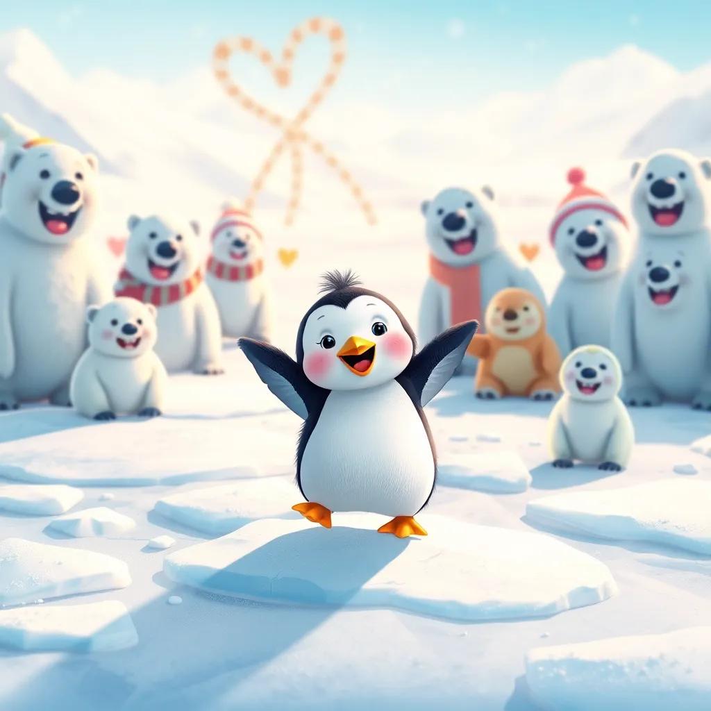 A small penguin joyfully returning to snowy ice, surrounded by happy polar bears and seals, bright snowy landscape, colorful and festive scene, heartwarming and sociable, high detail