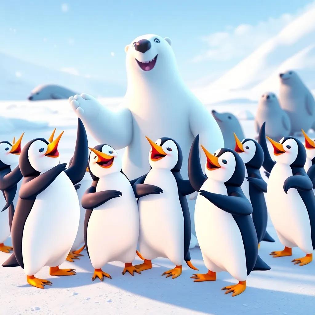A group of happy penguins dancing and celebrating together on ice, with a big polar bear and seals joining them, snowy background, colorful and cheerful, joyful atmosphere, engaging scene