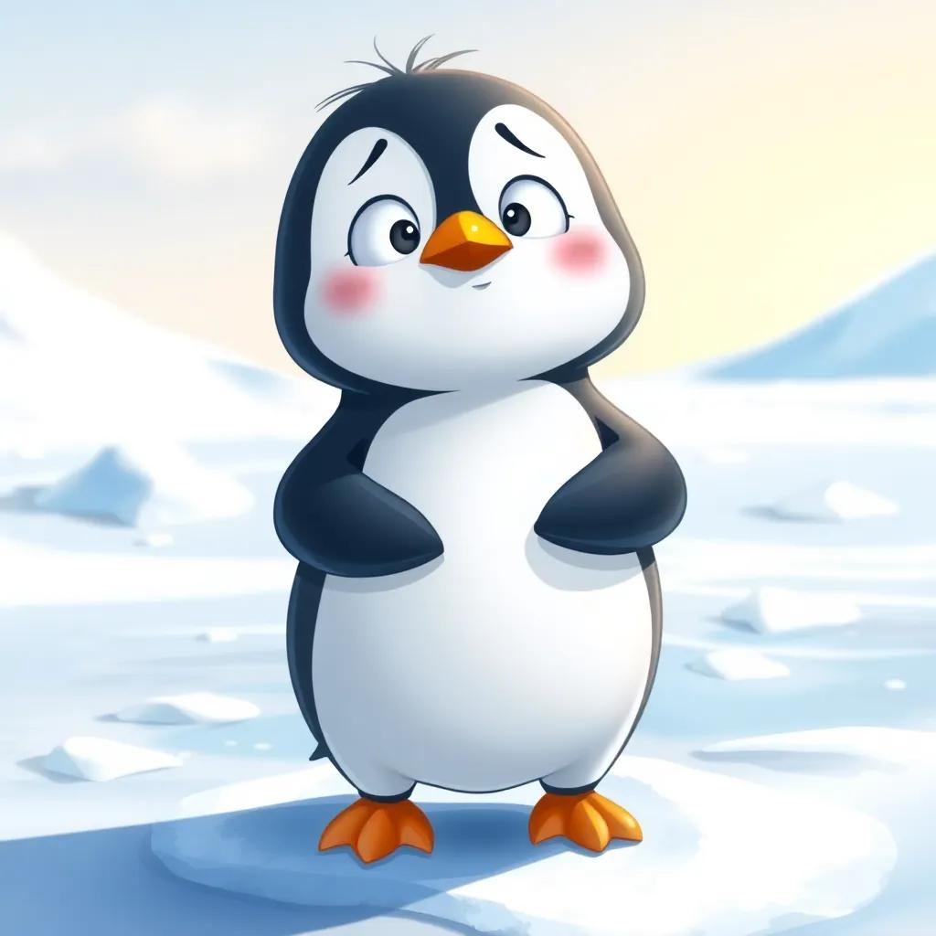 A little penguin looking confused in a snowy landscape, standing on ice with a worried expression, digital art, bright colors, cheerful atmosphere, close-up view, high quality