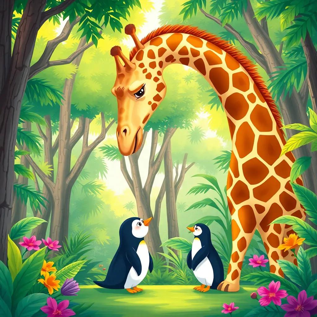 A tall giraffe leaning down curiously towards a little penguin in a jungle setting, surrounded by green trees, bright daylight, colorful flora, illustration, friendly vibe, high quality