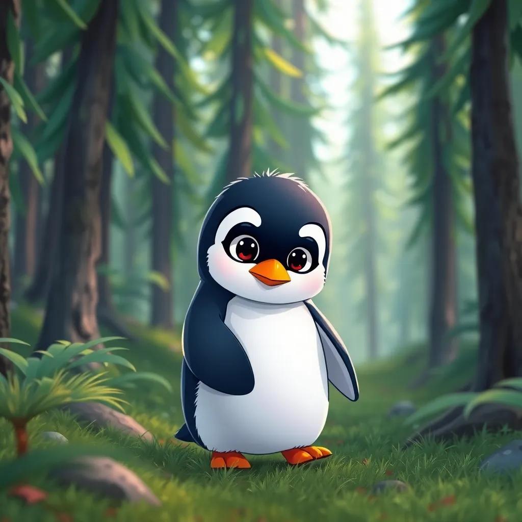 A small penguin, looking lost with a worried expression, walking in a dense green forest with tall trees around, colorful, lively, child-friendly, bright atmosphere