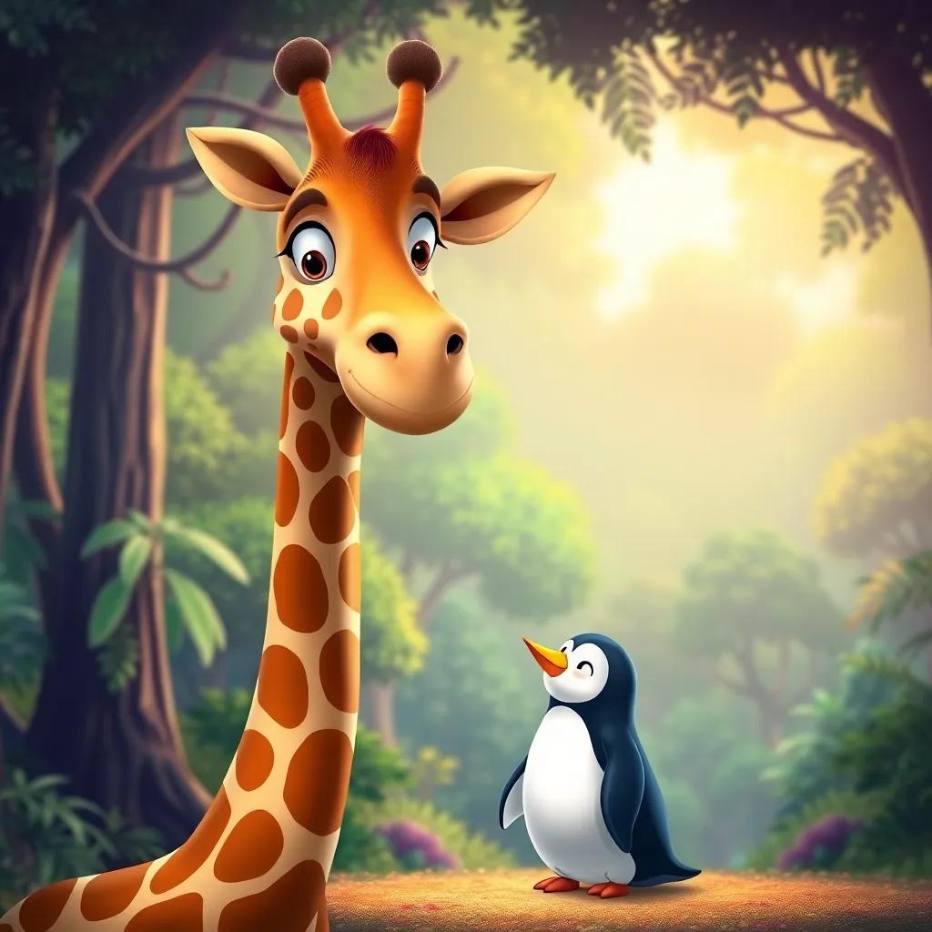 A tall giraffe with a friendly smile, looking curiously at the small penguin, the forest background is vibrant and green, cheerful, animated style, inviting scene