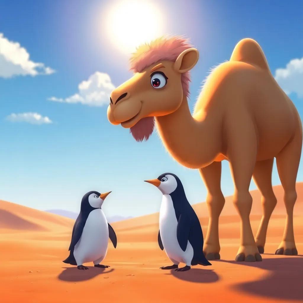 A camel standing in a sandy desert, with a warm look, watching the little penguin with concern, under a bright sun and blue sky, animated, colorful, inviting atmosphere