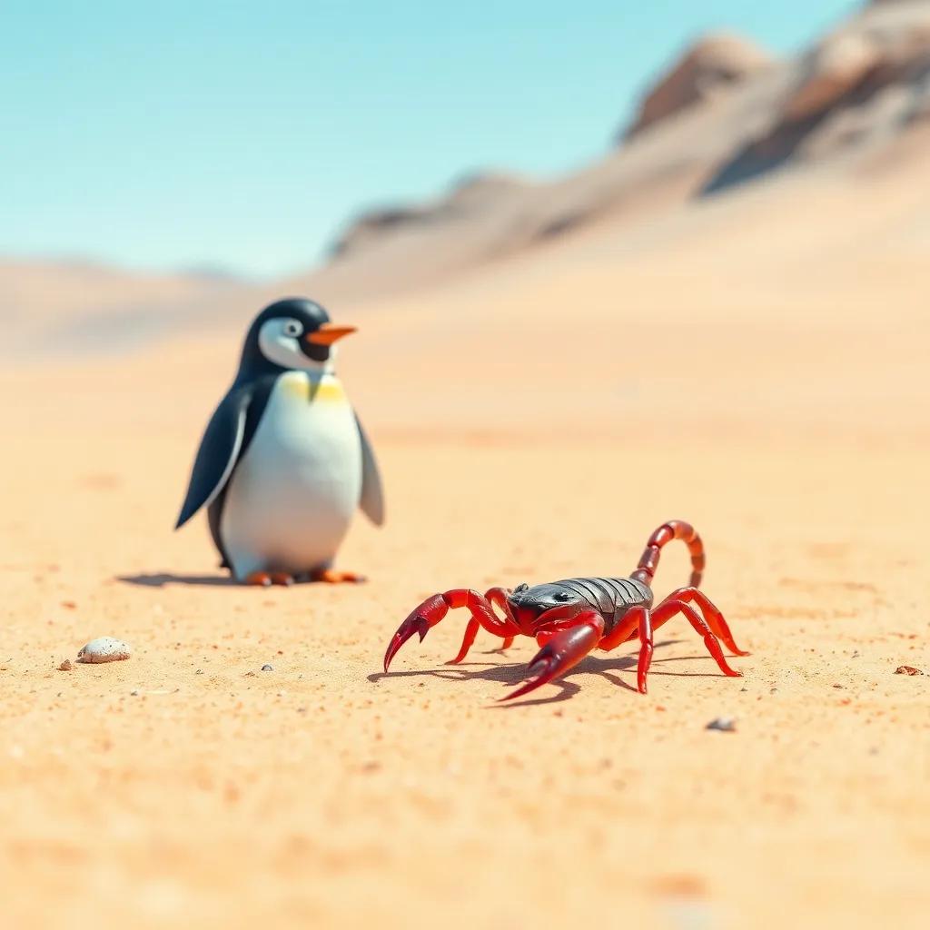 A small scorpion in the desert, looking menacing but cartoonish, while a frightened penguin watches it from a distance, sandy background, bright colors