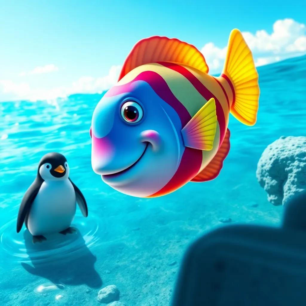 A colorful fish with a friendly face swimming in the ocean, with a little penguin looking scared on the shore, sunny day with bright blue water, engaging scene, vibrant colors