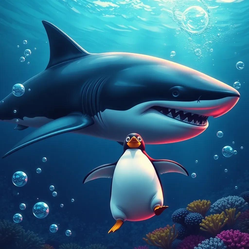 A large shark and whale in the ocean, with a scared penguin swimming fast away from them, the water is lively with bubbles and colorful coral, exciting scene