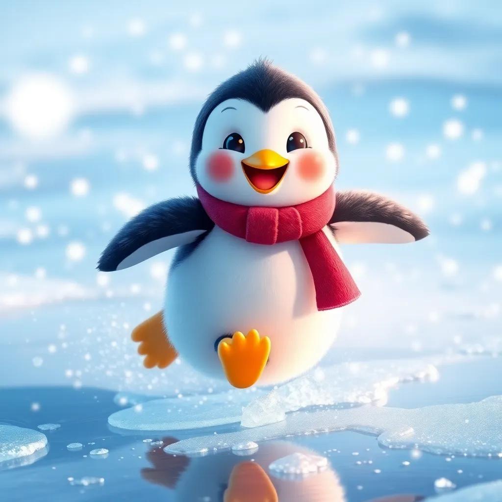 A happy little penguin running joyfully on glistening ice, with soft snowflakes falling around, bright and joyful atmosphere, child-friendly