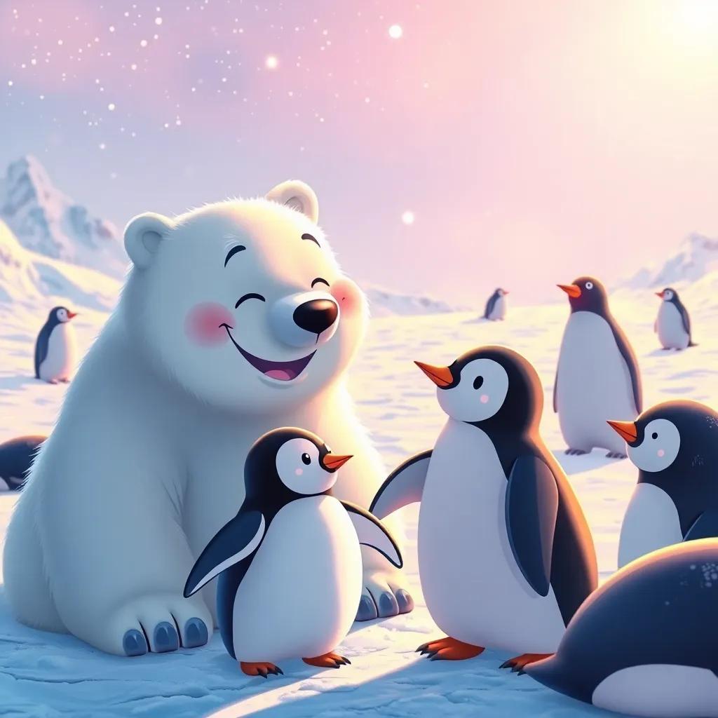 A cheerful polar bear smiling at the little penguin in the snowy landscape, with other seals and penguins playing nearby, bright snowy background, friendly vibe