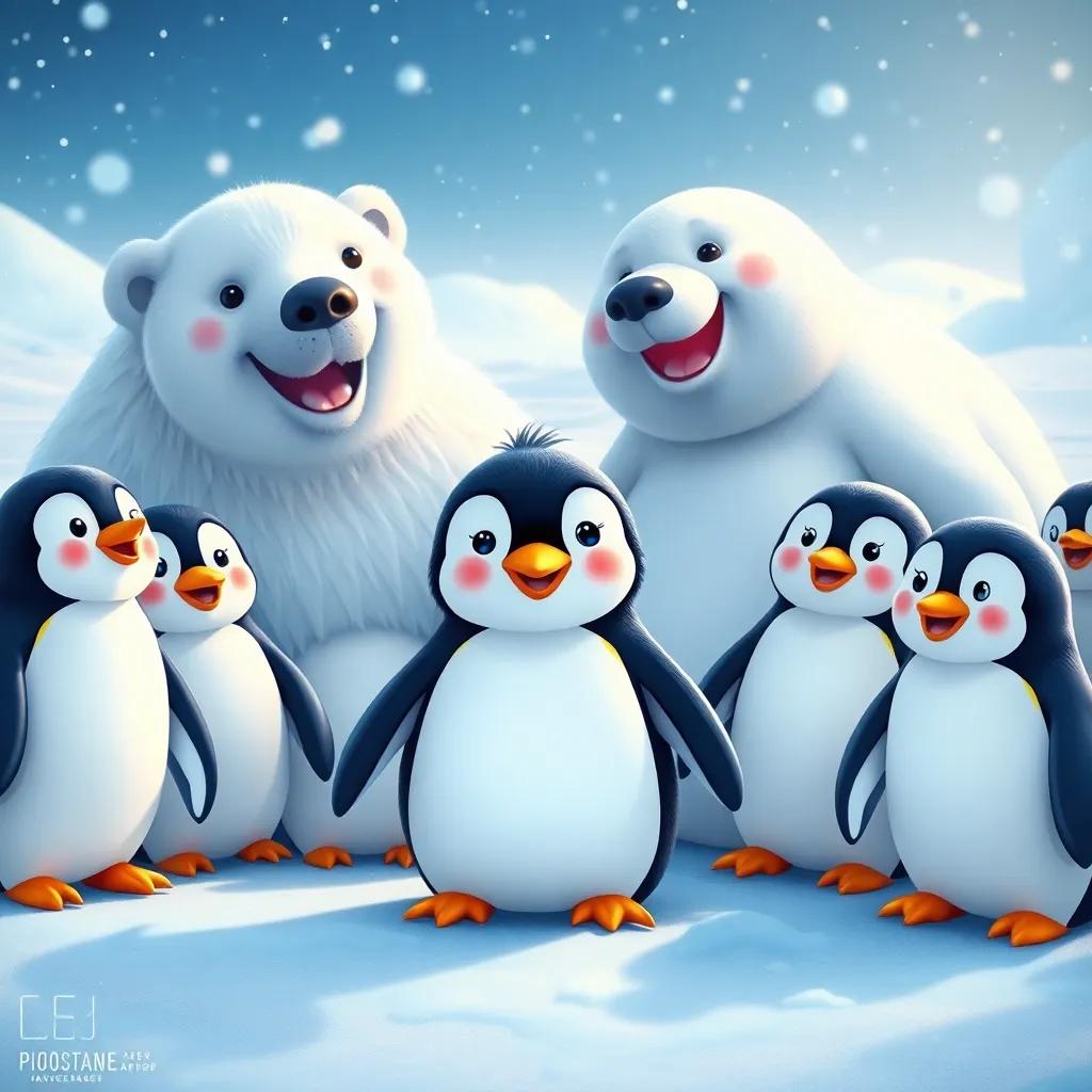 A cute scene of the little penguin surrounded by friends: polar bear, seal, and other penguins, all smiling and playing together in the snow, lively, warm, colorful scene