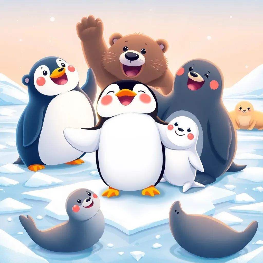 A group of animals including the penguin, bear, and seals celebrating and playing on the ice, full of joy, bright colors, happy expressions, child-friendly