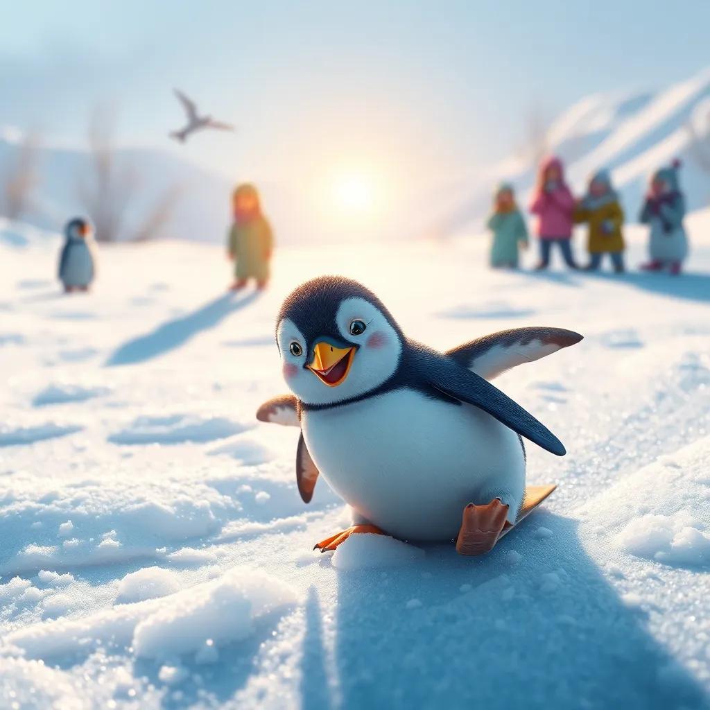 A small penguin named Beak sliding on the sparkling snow under bright sunlight, happy expression, winter landscape, with friends laughing in the background, cheerful, digital art, vibrant colors, lively atmosphere, high quality