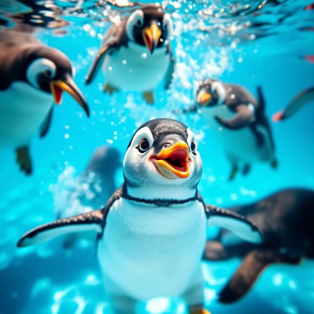 A small penguin, Beak, swimming in bright blue water with friends cheering and splashing around, underwater view, playful, colorful, digital painting, joyful scene, uplifting, high quality