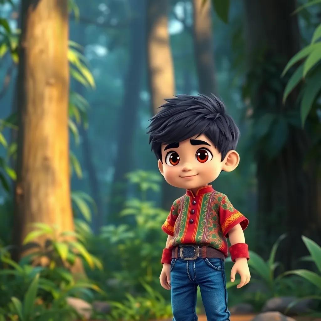 A brave young boy named Al-Burooz, with short black hair, wearing a colorful traditional shirt and jeans, standing in a lush green forest with wide eyes of curiosity, discovering the source of a loud sound, digital art, bright colors, adventurous atmosphere, high quality