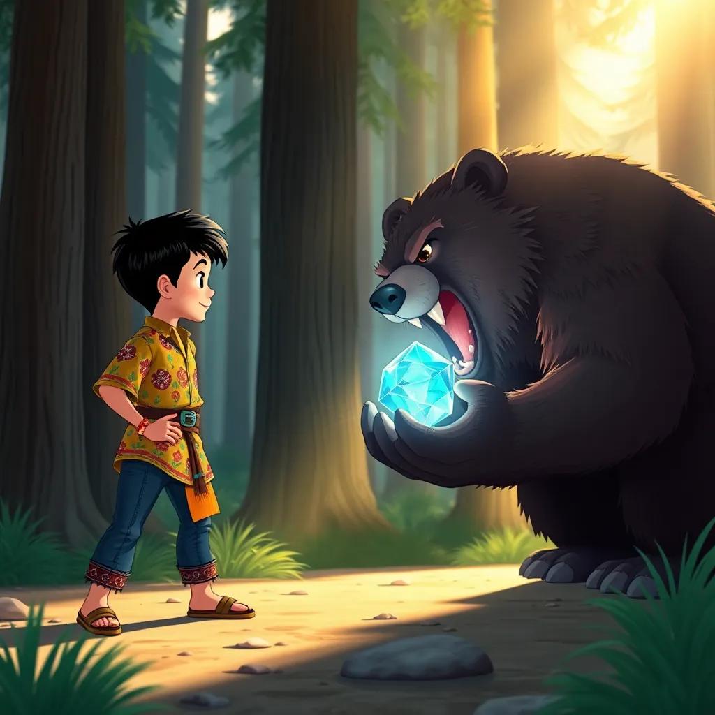 Al-Burooz, a brave young boy with short black hair in a colorful traditional shirt and jeans, confronting a big and fierce bear holding a sparkling magical stone, surrounded by tall trees and sunlight shining through, illustration, dramatic, captivating scene, child-friendly