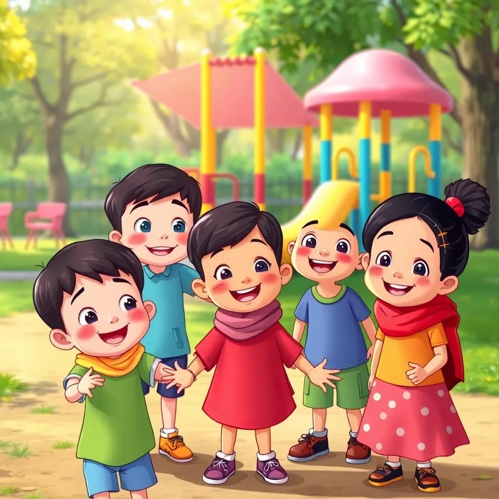 A group of children playing in a park, with some smiling and welcoming Sami, colorful playground equipment in the background, digital illustration, cheerful, invitation to friendship, high quality