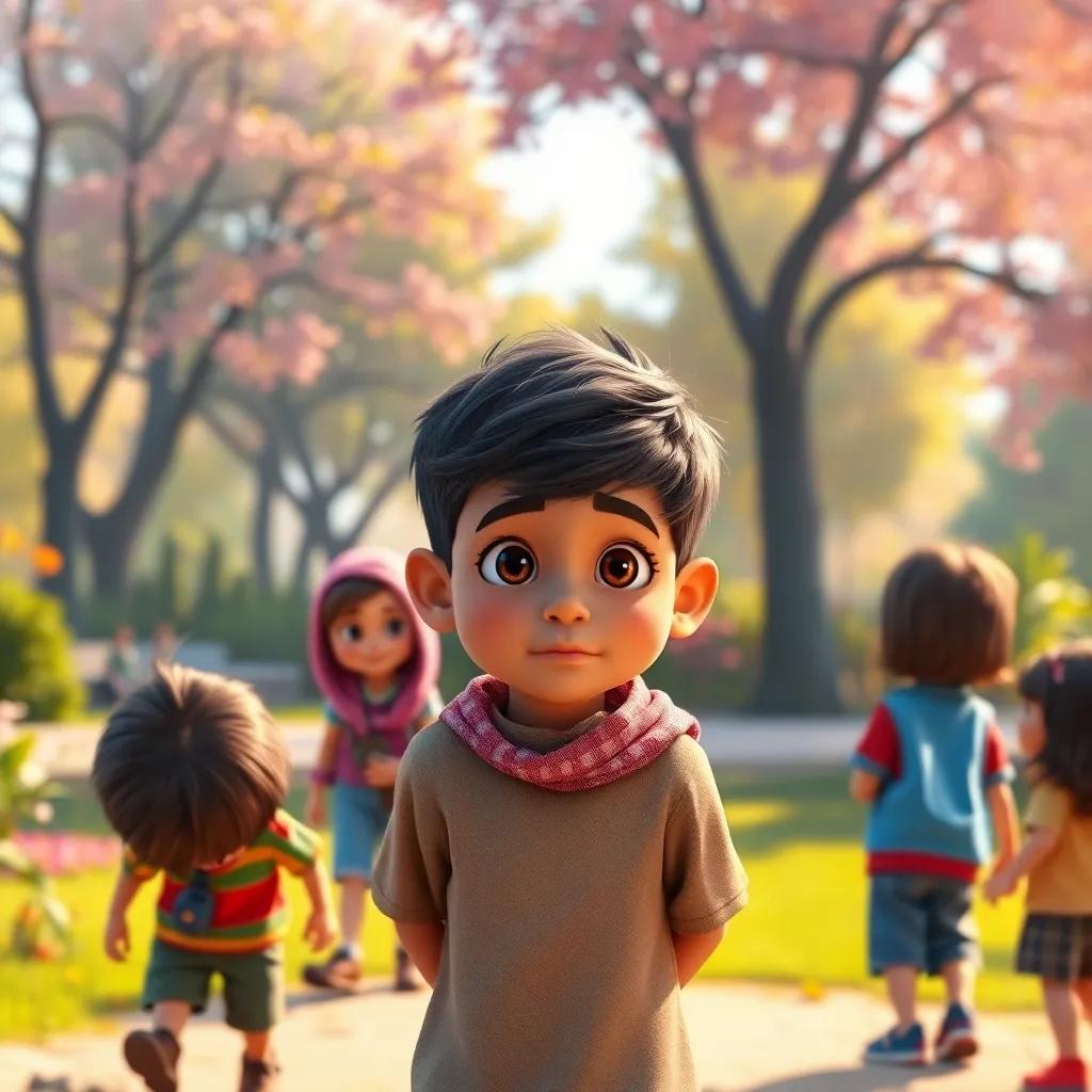 Sami, a young Arab boy, nervously approaching a group of children in the park, with a hopeful expression, colorful park setting with trees and flowers, digital art, warm light, uplifting, high quality