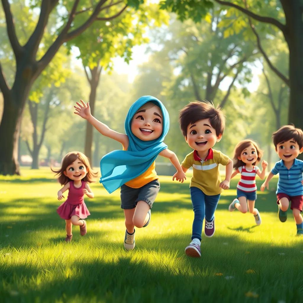 Sami playing joyfully with the other children, laughing and running in the park, sunlight filtering through trees, joyful atmosphere, digital painting, vibrant and playful colors, high quality