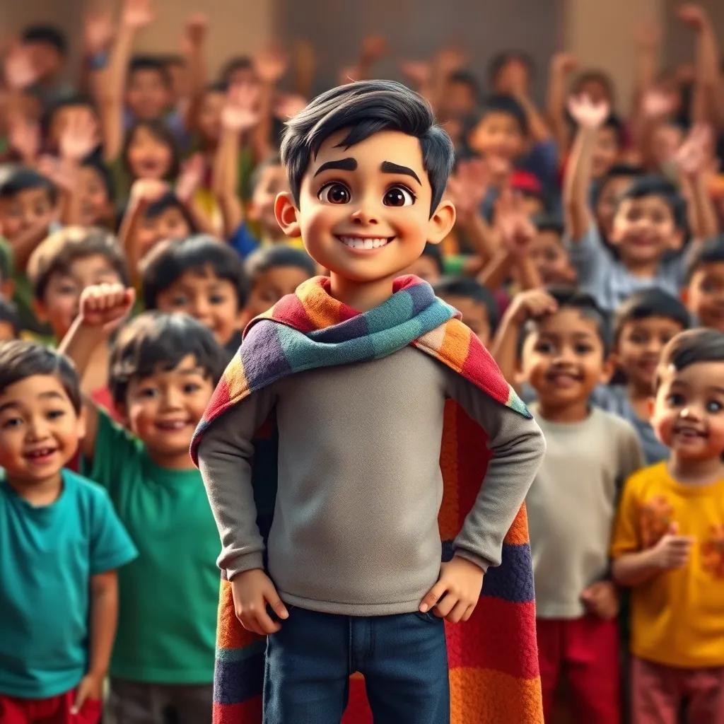 Sami standing proudly in front of a cheering crowd of children, with a bright smile, wearing a cape made from a colorful blanket, representing bravery and confidence, digital art, inspiring, bright colors, high quality