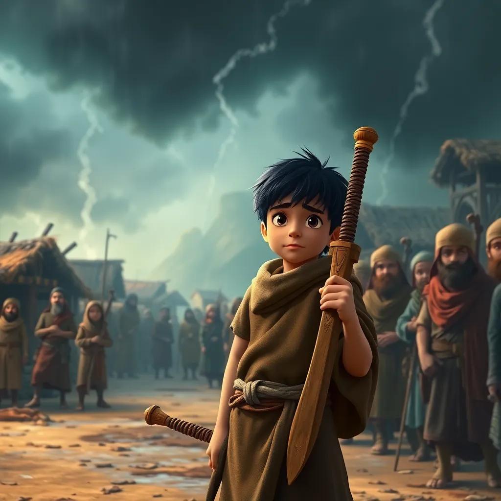 A brave boy, Sami, with short black hair, wearing a simple tunic and carrying a wooden sword, standing in a village during a storm, surrounded by worried villagers, digital art, detailed, dramatic colors, atmospheric lighting