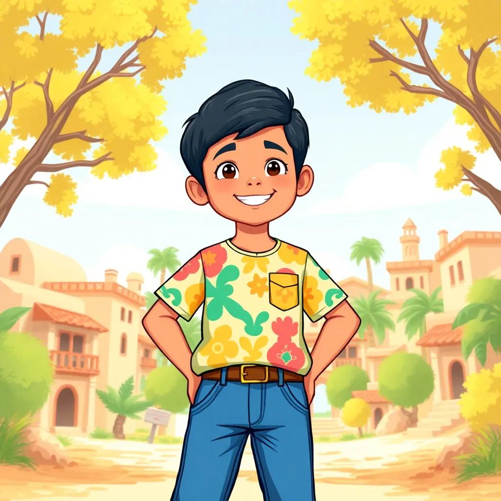 A young Arab boy, Sami, with short black hair, wearing a colorful shirt and jeans, standing bravely in a sunny village surrounded by trees, smiling, digital art, bright colors, cheerful atmosphere, high quality