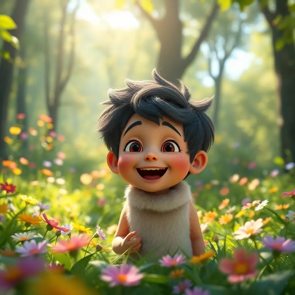 A young boy, Rami, with soft fur covering his body, playing joyfully in a vibrant green forest full of colorful flowers and sunlight filtering through trees, digital art, cheerful, bright colors, inviting atmosphere, high quality