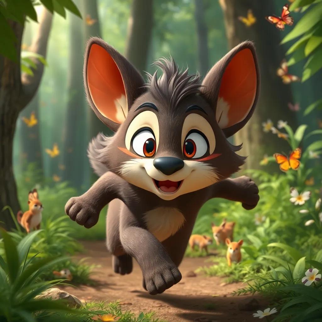 A courageous scene of Rami, with soft fur, filled with determination while running through the forest, hearing cries by small animals, surrounded by lush greenery and fluttering butterflies, illustration, adventurous, vibrant colors, child-friendly