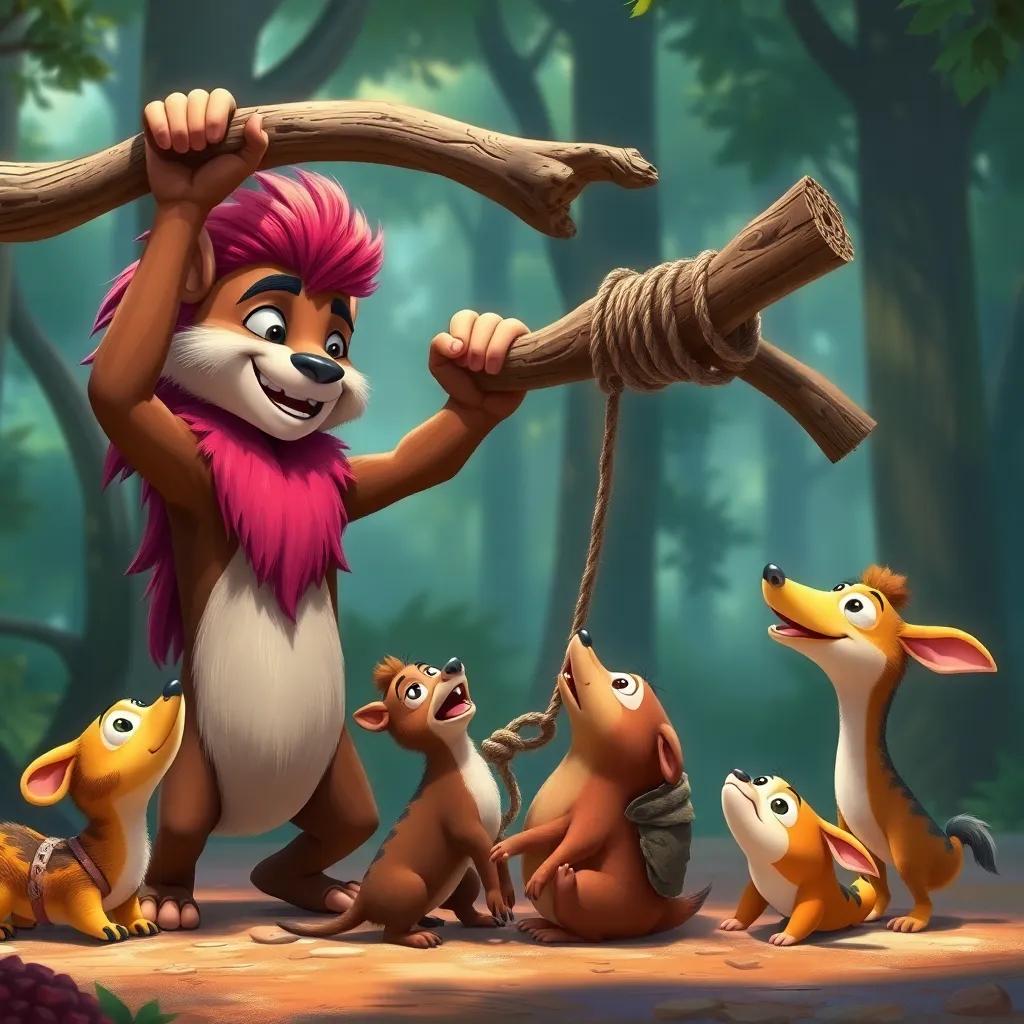 Rami, with colorful fur, heroically lifting a heavy branch to free trapped animals in a wooden snare, animals looking up at him with hope and gratitude, forest background, digital painting, dynamic and uplifting, detailed