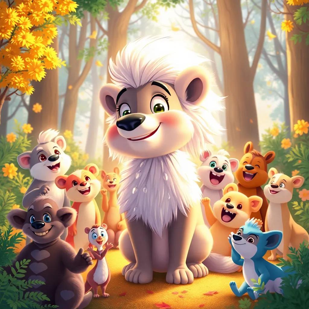 Rami, with shining fur, surrounded by grateful animals who are cheering and celebrating around him, sunny forest scene with joy and warmth in the atmosphere, colorful illustration, heartwarming, child-safe