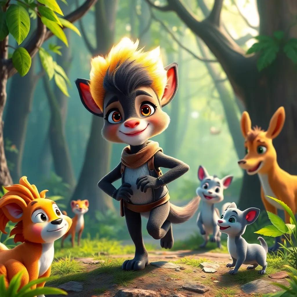 Rami, now a confident hero with his fur glowing brightly, exploring the forest with new animal friends, playful animals playing around him, depicting adventure and friendship, bright colors, joyful, engaging imagery