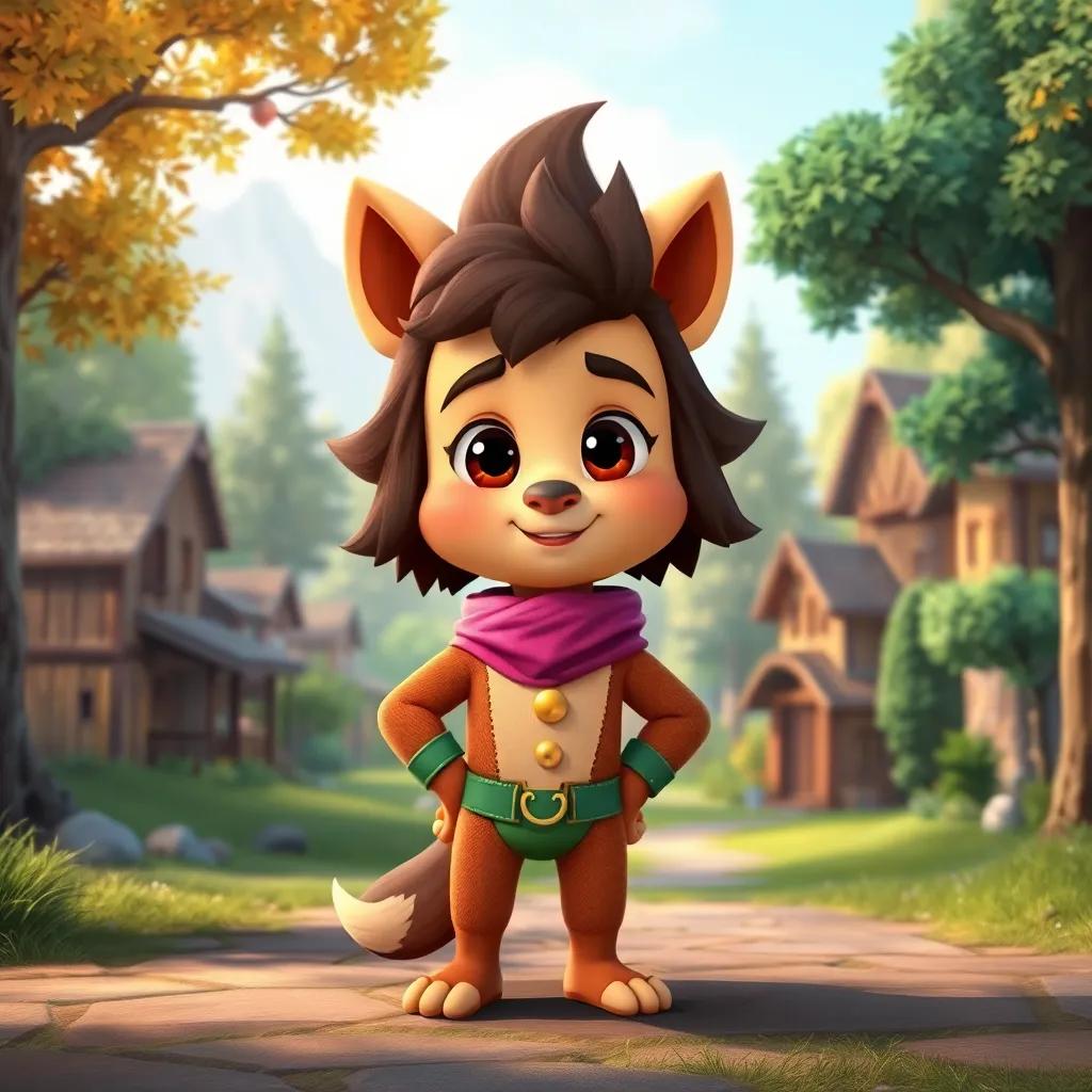 A small hero with beautiful fur, standing proudly in a tranquil village surrounded by natural trees, vibrant colors, cheerful atmosphere, thoughtful expression, high quality