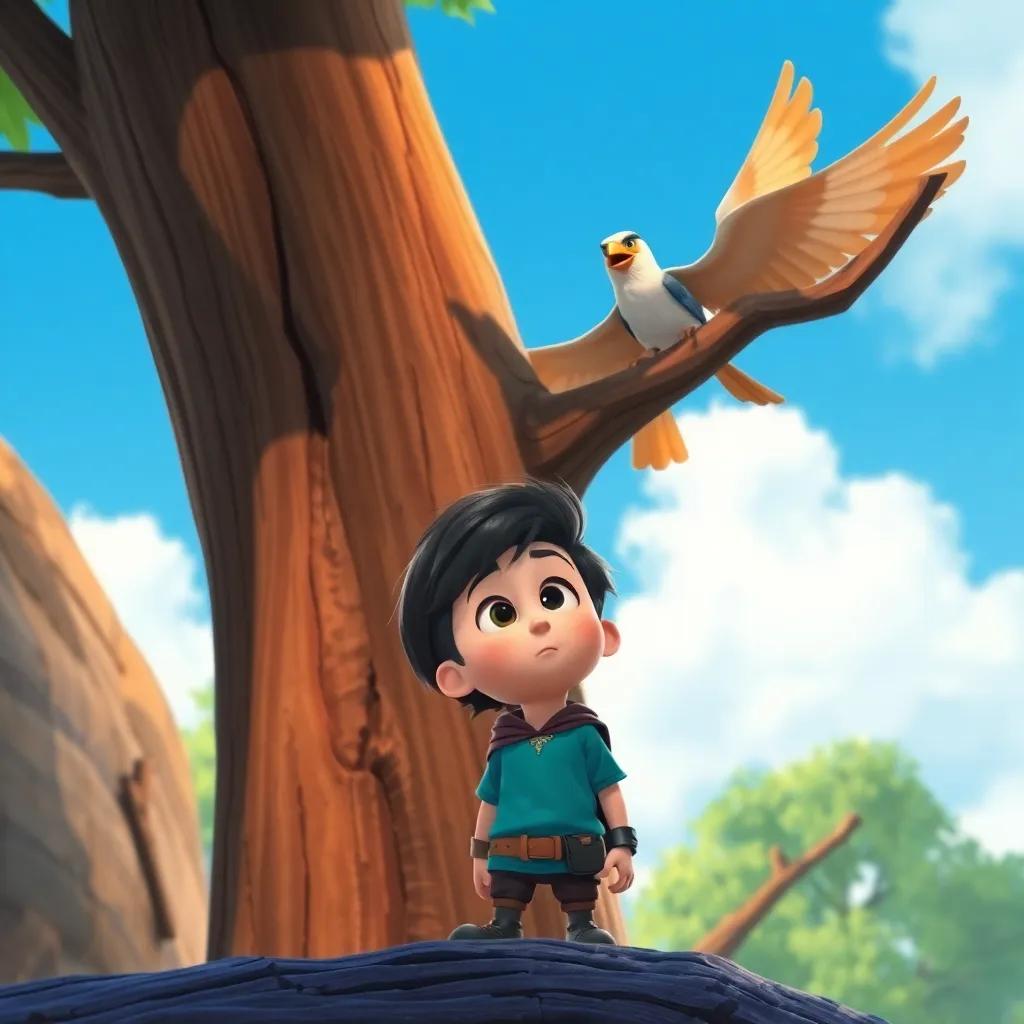 The small hero hearing a cry for help from a bird stuck in a tall tree, feeling nervous yet courageous, vivid colors, bright blue sky, emotional moment, high quality
