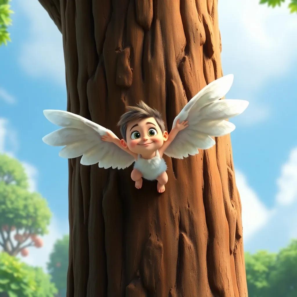The small hero spreading his wide fluffy wings as he climbs the tall tree confidently, determination in his eyes, colorful greenery, dynamic scene, high quality