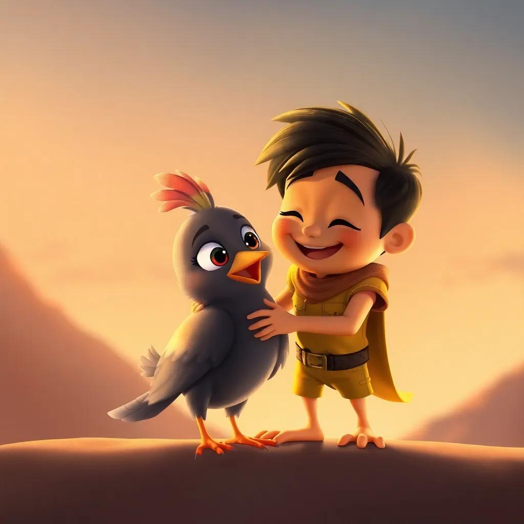 The small hero rescuing the bird, both looking relieved and happy, warm colors, heartfelt connection, joyful atmosphere, high quality