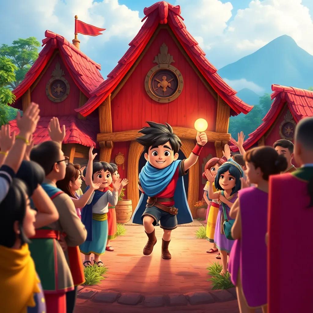 The small hero returning to his village, surrounded by friends and family who cheer him on, vibrant colors, lively celebration, sense of pride, high quality