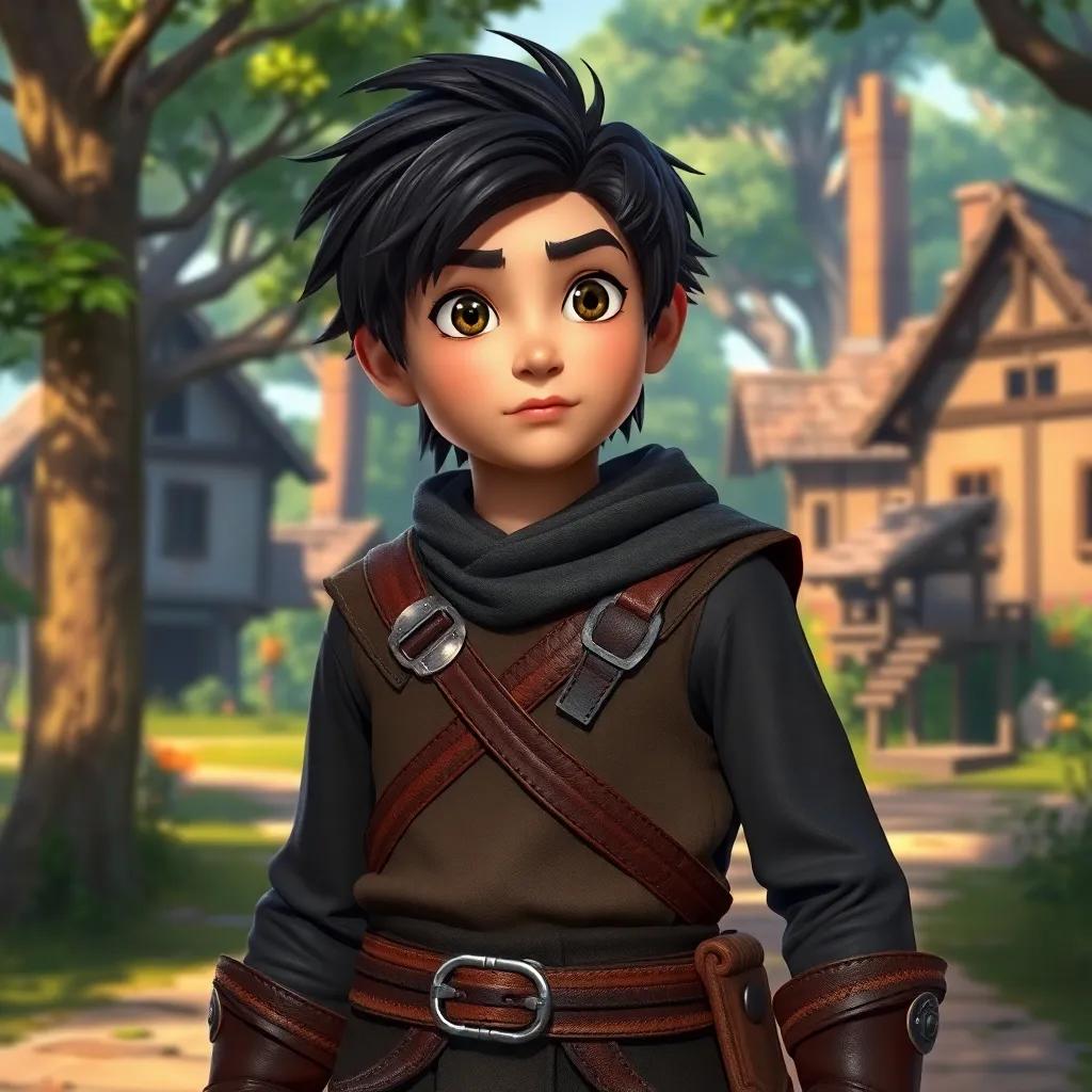 A brave young boy, Rakan, with dark hair and dressed in leather clothes, standing strong in a peaceful village surrounded by trees, determination in his eyes, digital art, vibrant colors, inspiring atmosphere, high quality