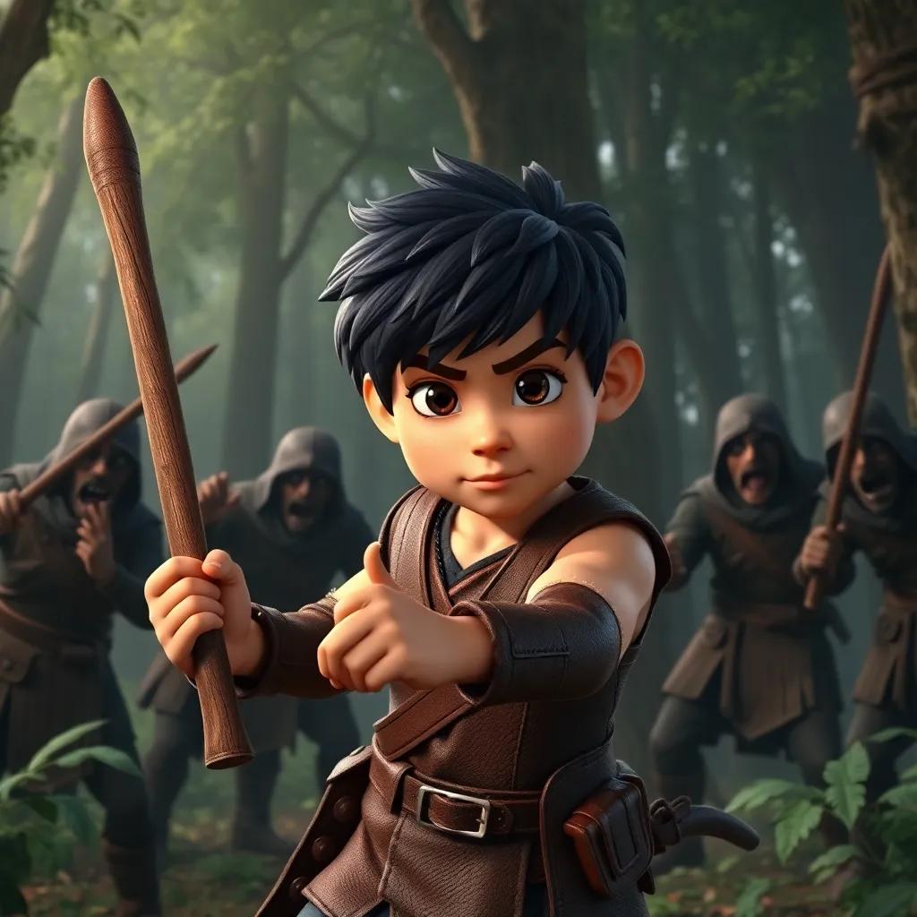 Rakan, a brave young boy with dark hair wearing leather clothes, holding a wooden stick and facing a group of surprised robbers in a dense forest, heroic pose, strong lighting, action-packed scene, high quality