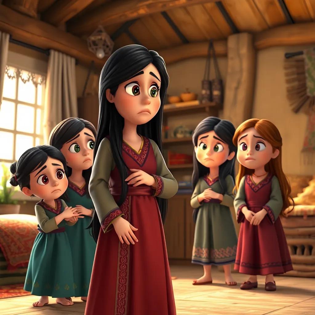 A worried mother with long dark hair wearing a traditional dress, warning her three daughters in a cozy rustic home, bright light, warm colors, nurturing atmosphere, realistic, high quality