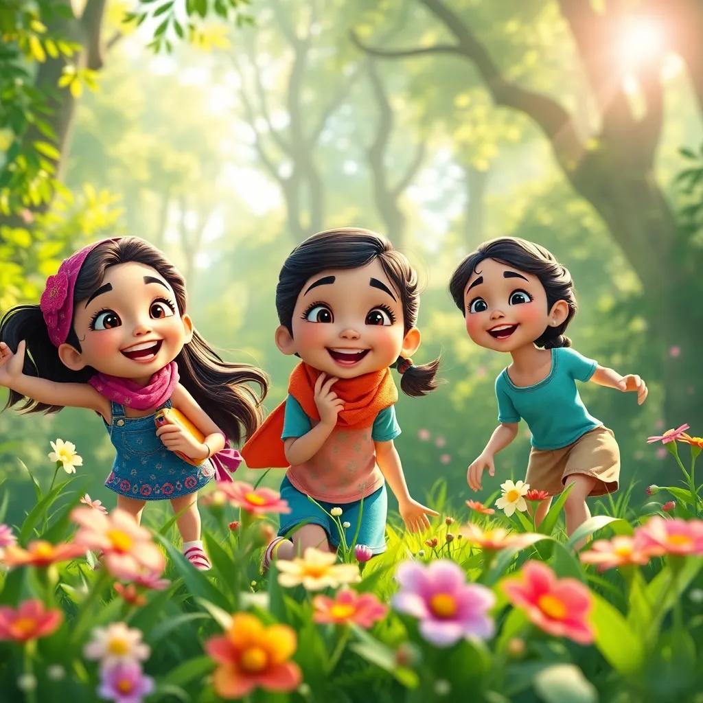 Three young girls, Laila, Salma, and Nour, with cheerful faces playing and laughing in a vibrant green forest, flowers blooming around, bright sunlight filtering through the trees, lively, colorful, adventure scene, high quality