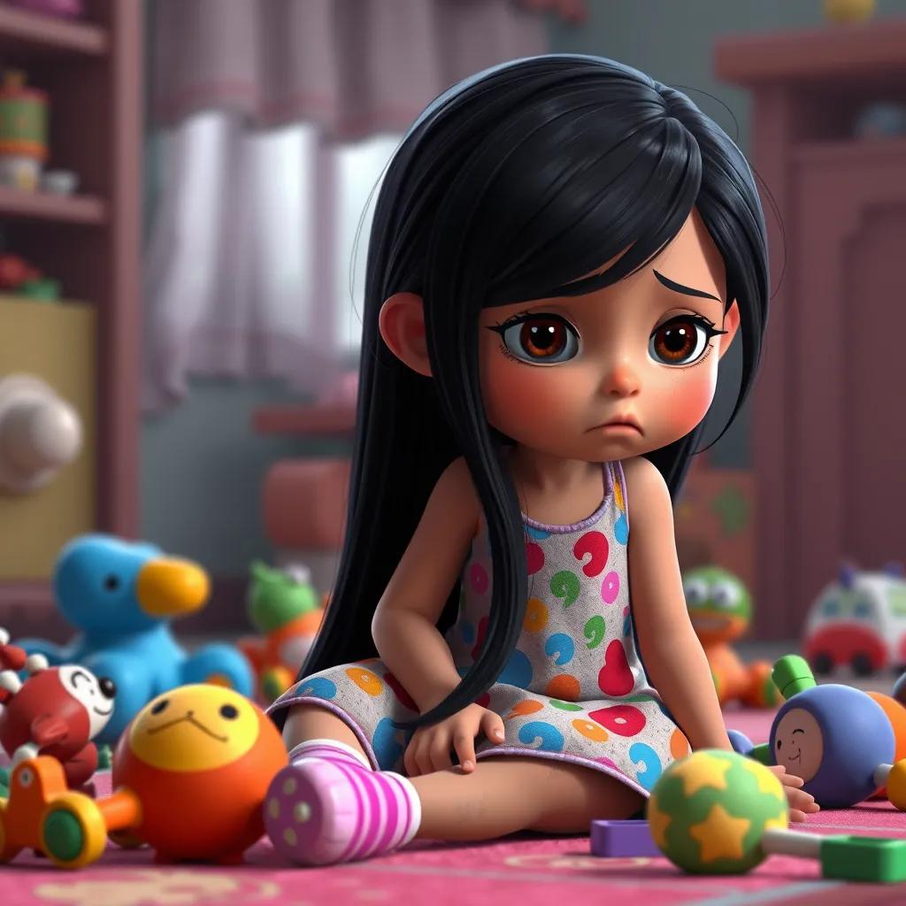 A young girl, Layla, with long black hair wearing a colorful dress, sitting on the floor surrounded by toys, looking unhappy, digital art, vibrant colors, childish atmosphere, high quality