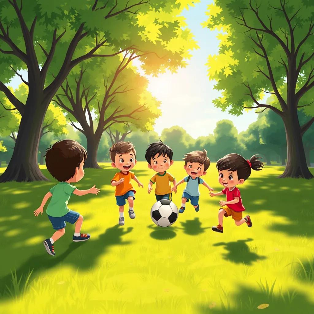 A sunny day, children playing soccer in a green park, visible joy on their faces, illustration, cheerful, bright colors, child-friendly perspective, high quality