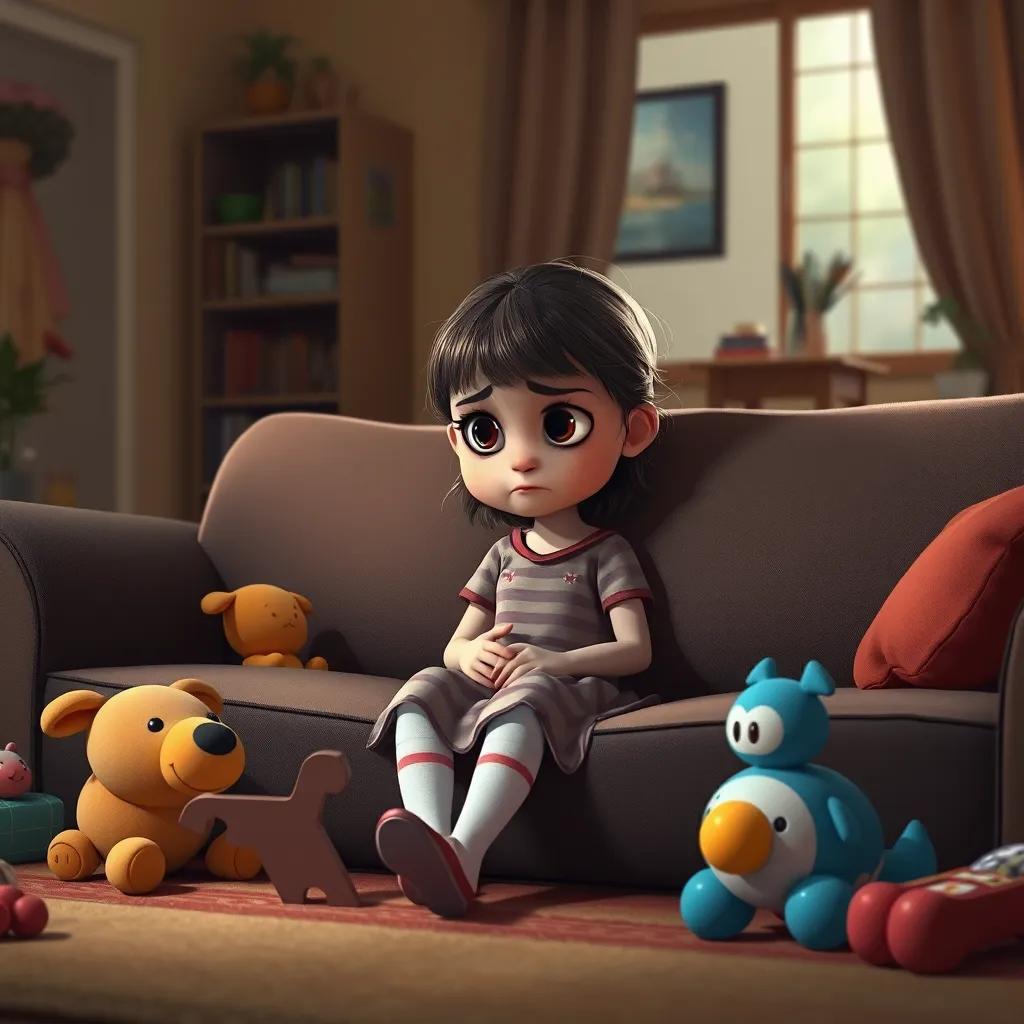 A young girl, Layla, sitting alone on a sofa in her house, looking sad, with toys around her that she is ignoring, digital painting, warm colors, lonely atmosphere, high quality