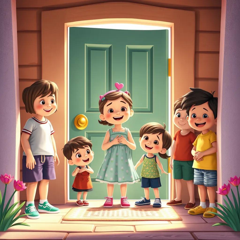 A group of smiling children standing at Layla's door, inviting her to play, friendly interaction, bright and inviting, happy mood, high quality